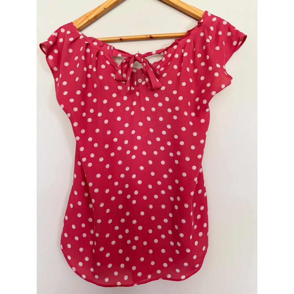 Pink Polka Dot Cap Sleeve Tie Back Blouse Top XS Barbie Work Wear Office Wear - Picture 3 of 9